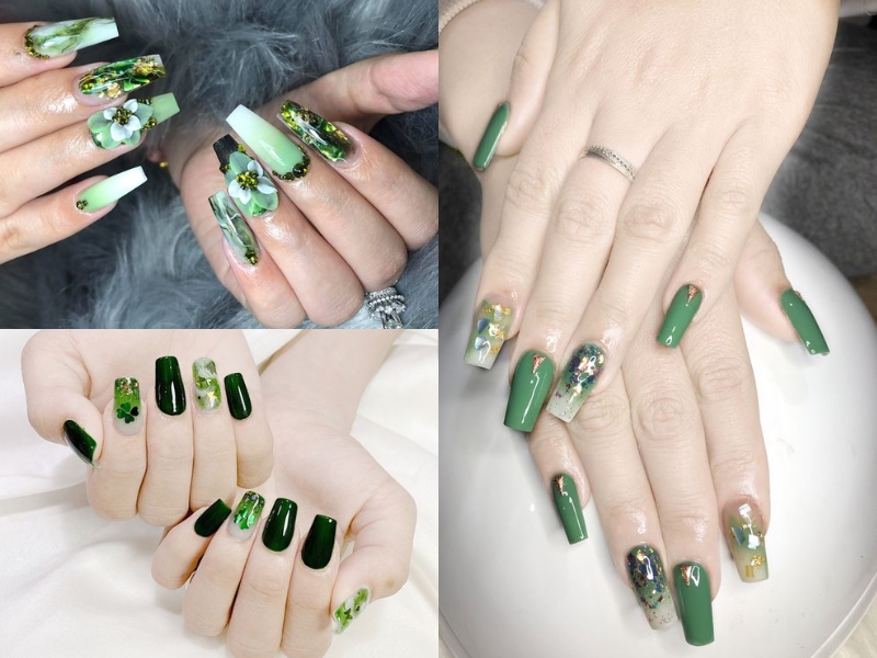 Mẫu nail ẩn xà cừ xanh lá đậm