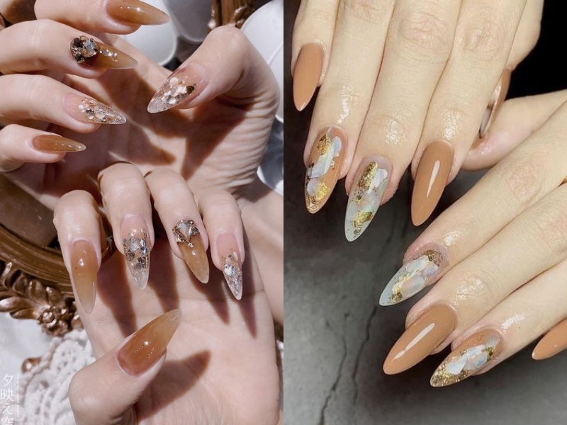 Mẫu nail ẩn xà cừ cà phê sữa nhọn