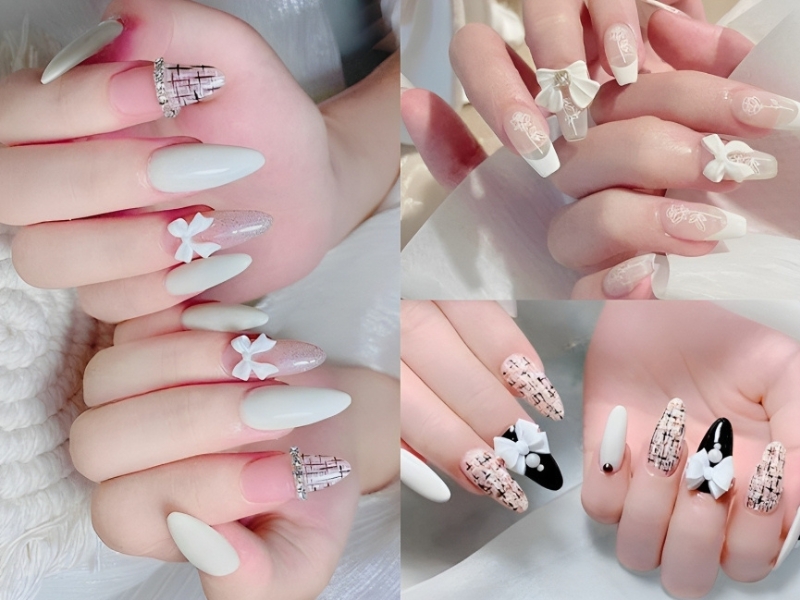 Nail màu trắng đính nơ