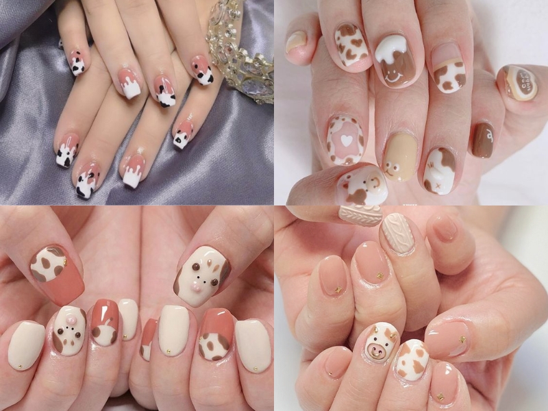 mẫu nail vẽ đơn giản họa tiết bò sữa