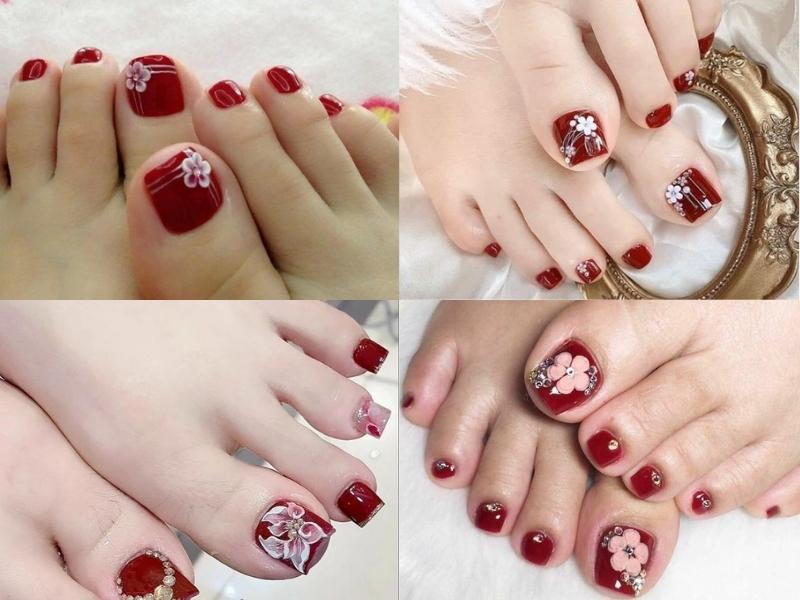 Nail chân màu đỏ vẽ hoa