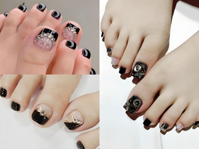 Mẫu nail chân black color đính kèm đá 