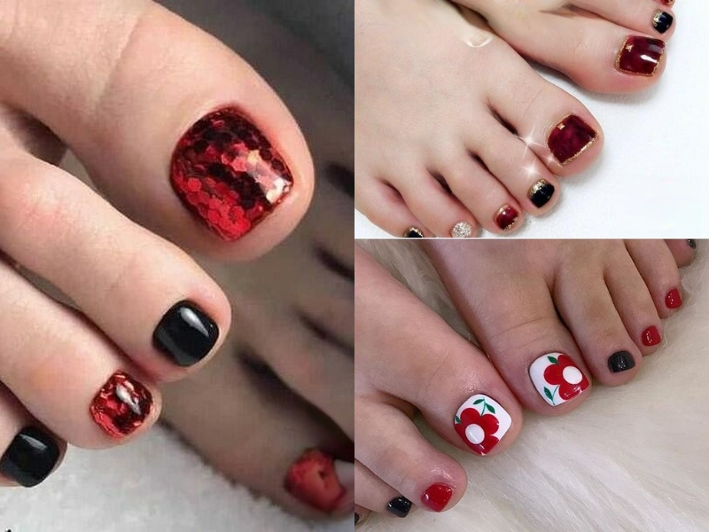 Nail chân màu đỏ mận phối cùng màu đen trắng