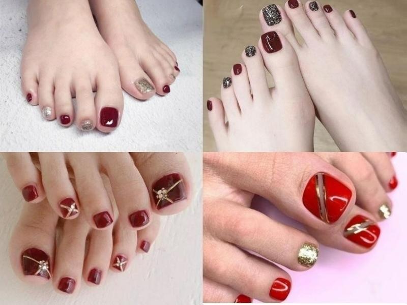 Móng chân red color phối hoạ tiết vàng bạc