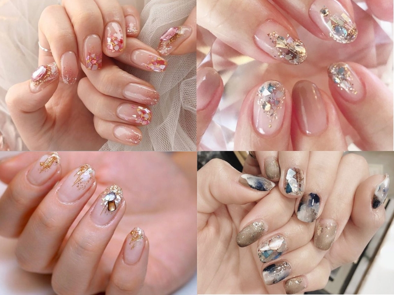 Mẫu nail ẩn xà cừ ánh nhũ lớn 