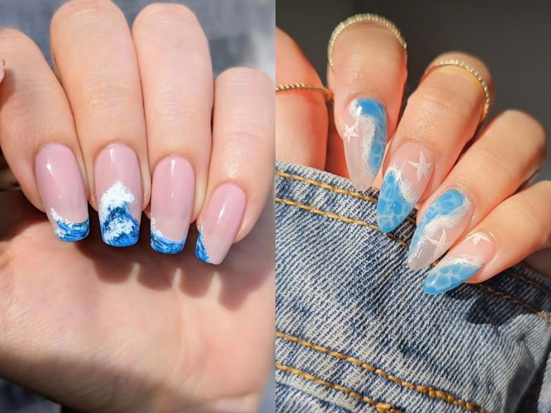 mẫu nail vẽ giản dị hình tiết sóng biển