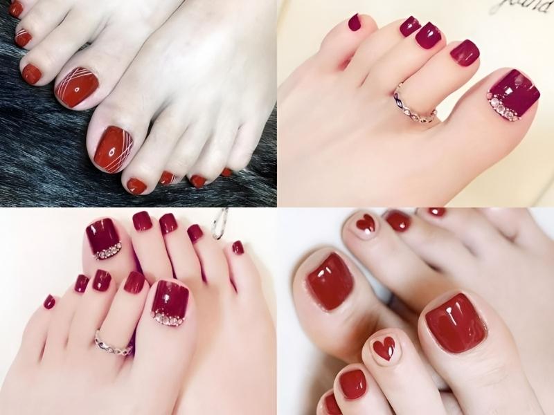 mẫu nail chân đỏ cherry đính đá