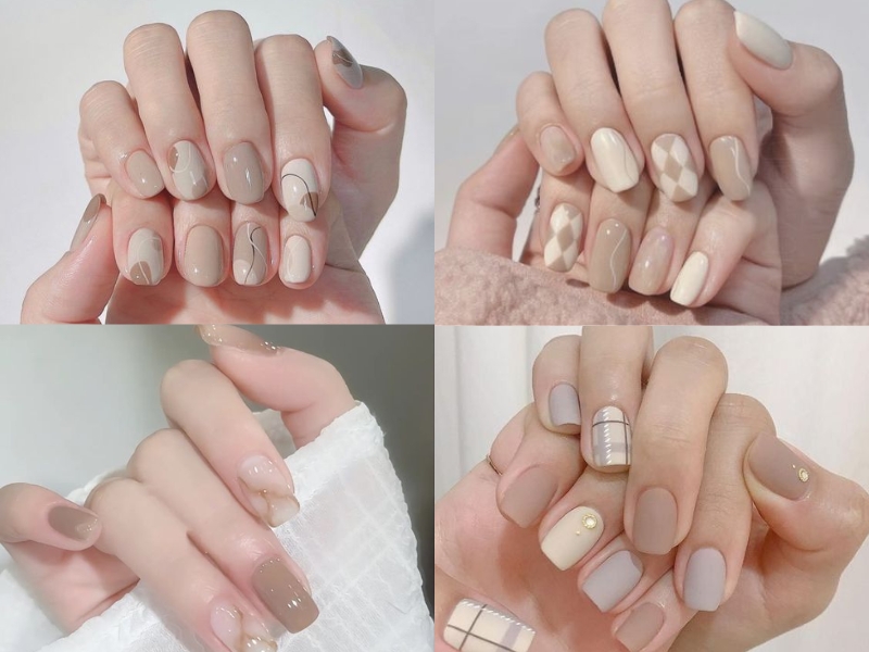 Nail màu nude nhiều hoạ tiết