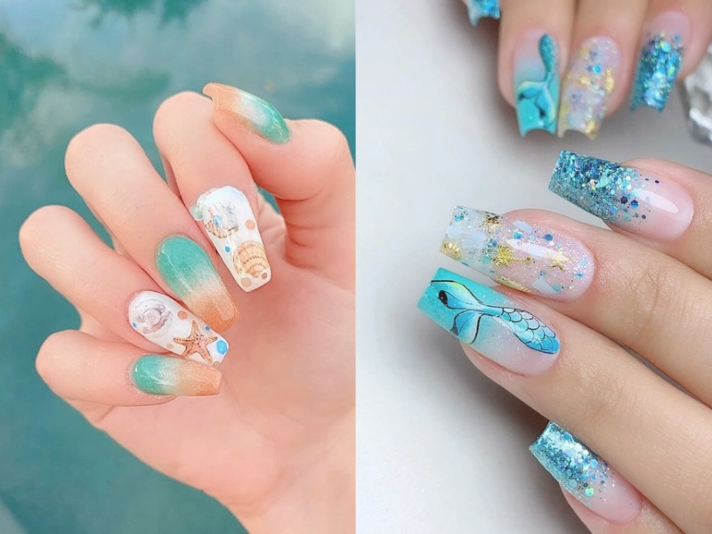 mẫu nail vẽ giản dị hình tiết đại dương màu sắc xanh