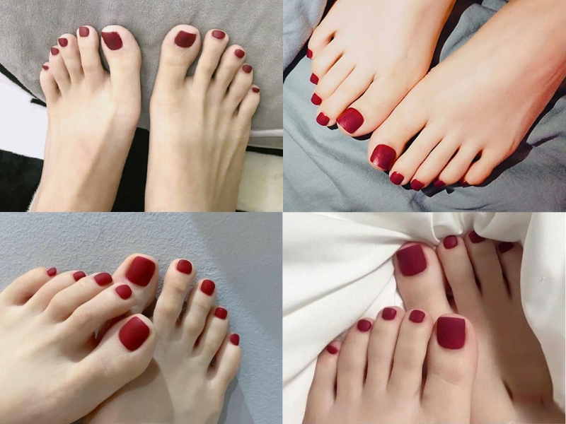 Những mẫu nail chân màu đỏ mận sơn nhám