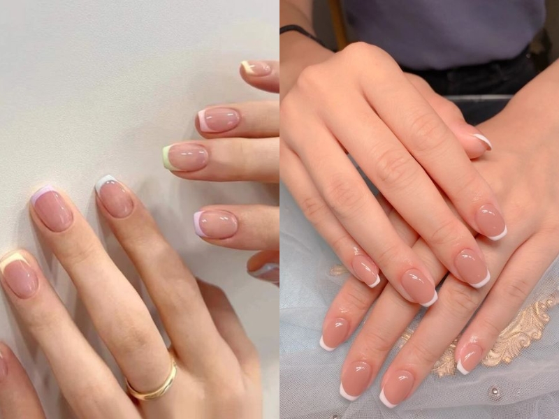 Mẫu nail tay màu nude vẽ đầu móng 