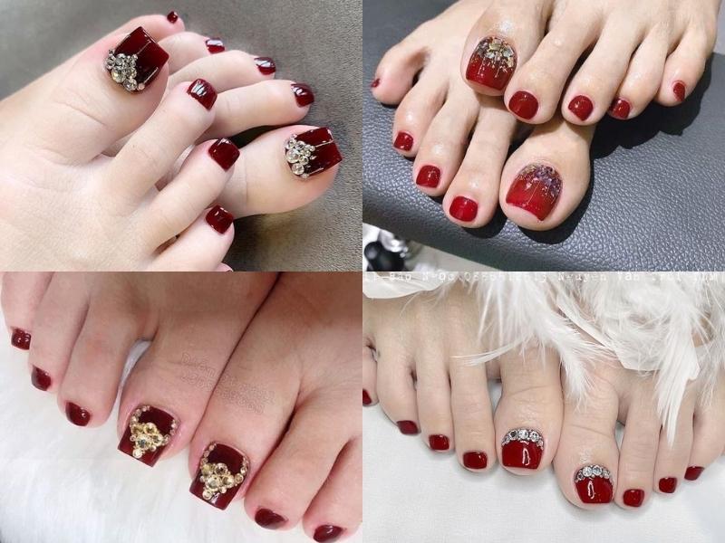 Nail chân red color đính thêm đá