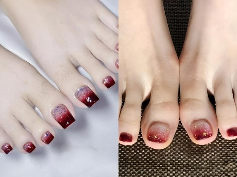 Nail chân red color ombre