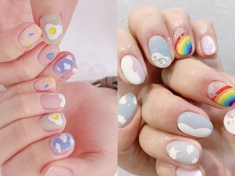 mẫu nail vẽ giản dị khung trời nhiều màu