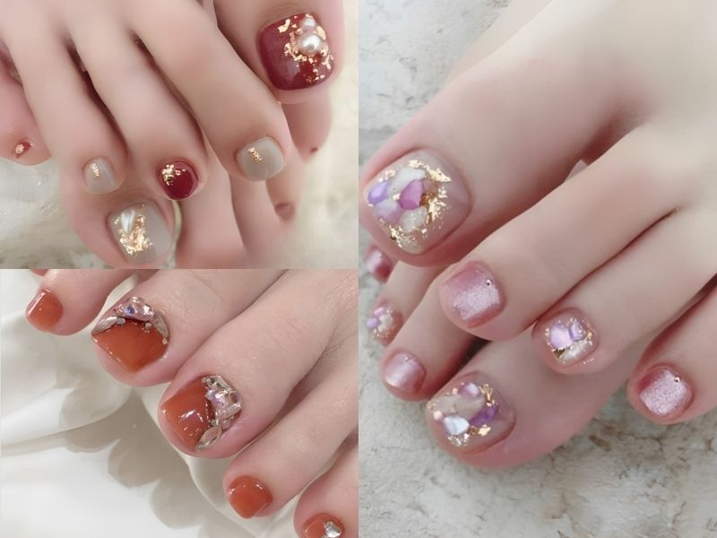 Mẫu nail chân color hồng đính kèm đá 