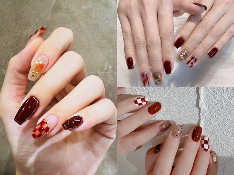 Nail ẩn xà cừ caro đỏ