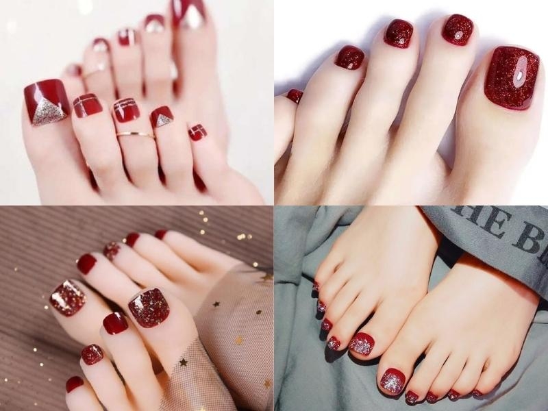 nail chân màu đỏ mận phủ kim tuyến