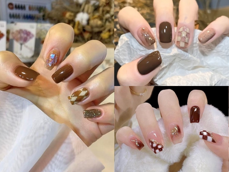 Mẫu nail ẩn xà cừ vẽ caro