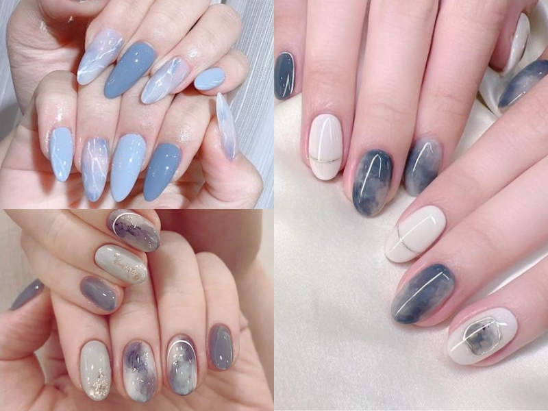 mẫu nail vẽ đơn giản vân đá màu xanh