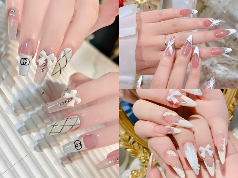 những mẫu Nail tay viền màu trắng