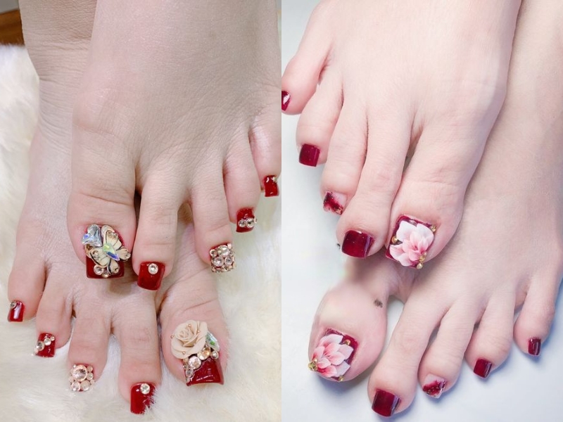 Nail chân màu đỏ mận đính họa tiết hoa nổi