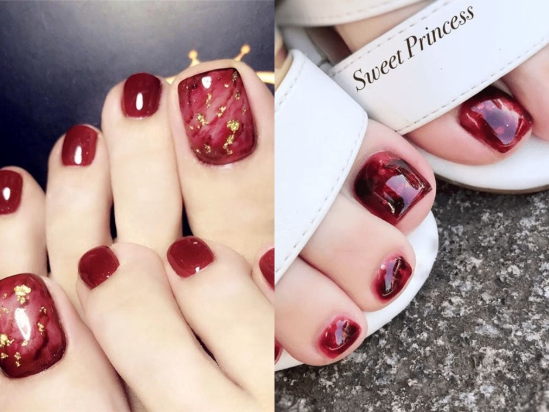 Mẫu nail màu đỏ mận vân đá