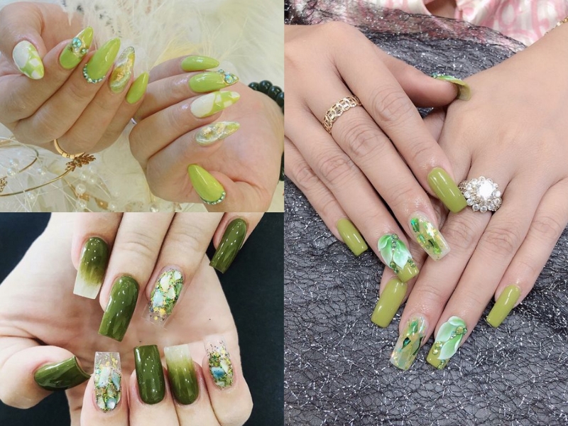 Mẫu nail ẩn xà cừ xanh lá mạ