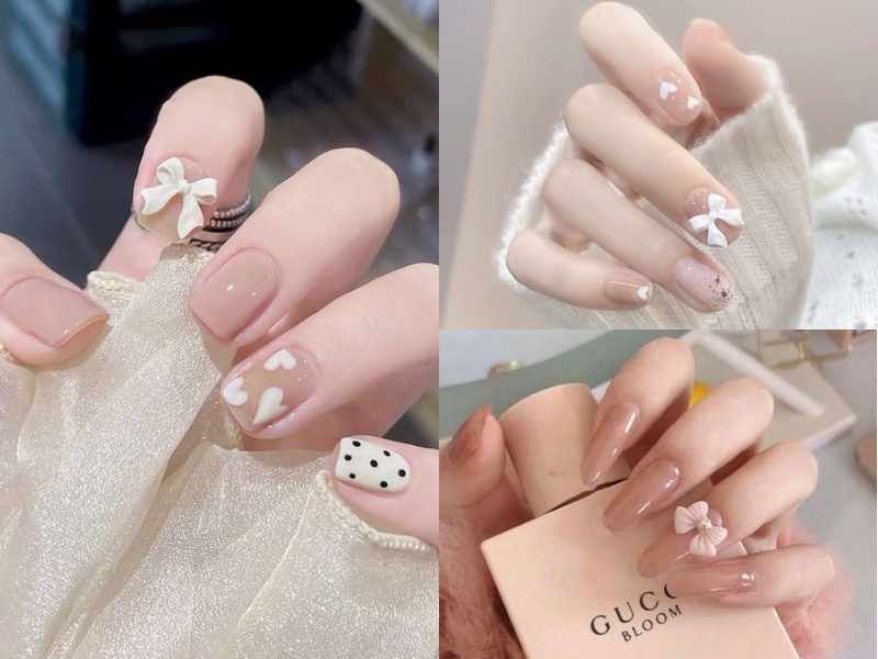 Nail màu nude đính nơ 