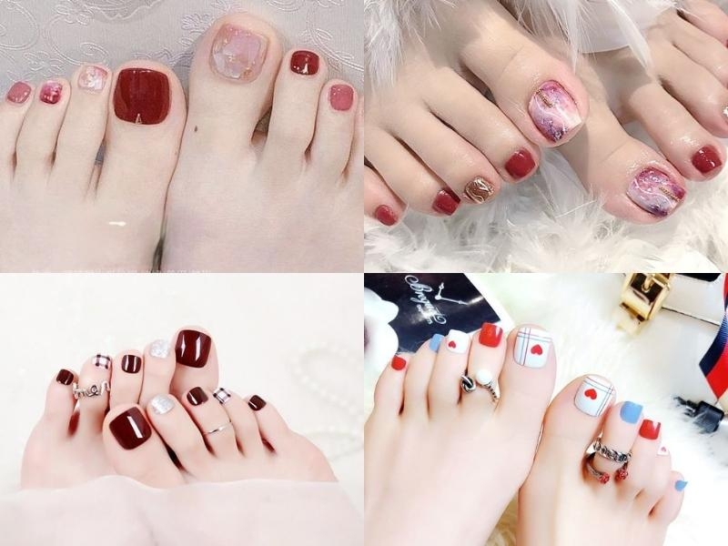 Các mẫu nail màu đỏ mận phối màu 