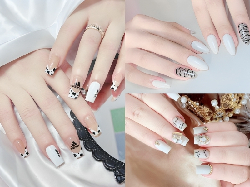 Nail trắng vẽ hoạ tiết 