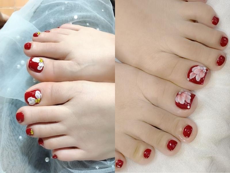 Nail chân màu đỏ vẽ hoa to