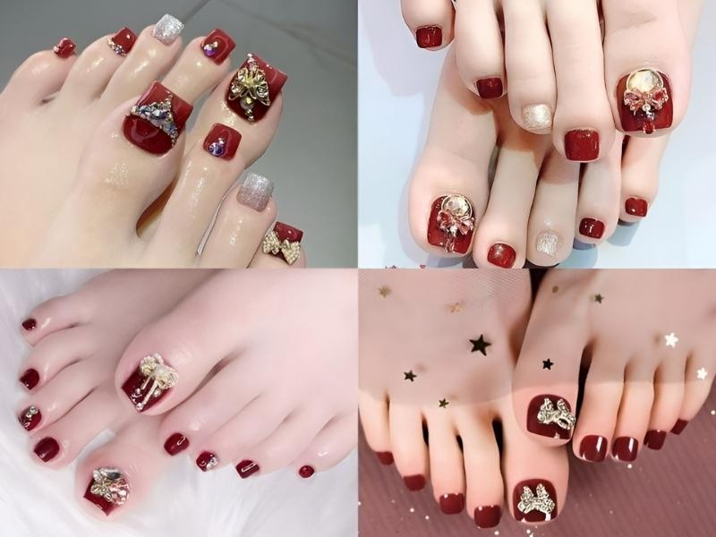 nail chân red color đính thêm charm đá