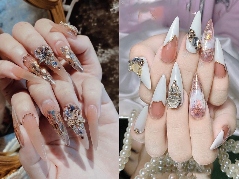 Mẫu nail ẩn xà cừ đính đá móng nhọn