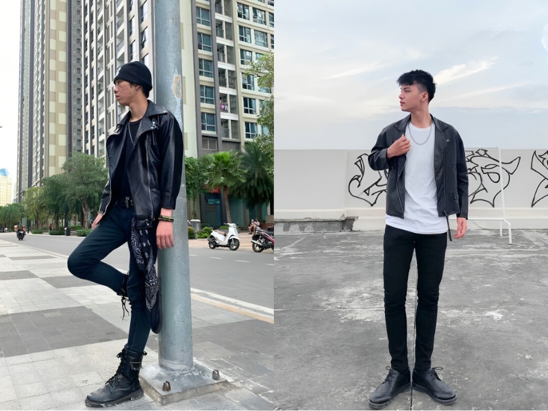 Áo da mặc cùng quần jeans