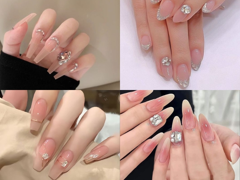 Nail màu nude hồng đính đá