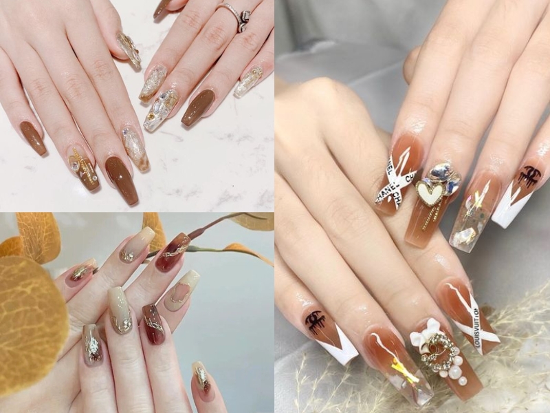 Mẫu nail ẩn xà cừ nâu dài