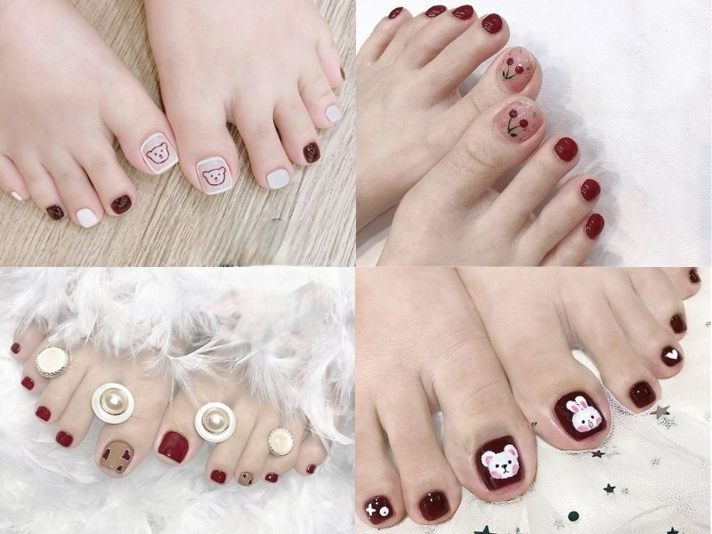 nail màu đỏ mận hoạ tiết dễ thương