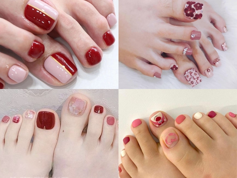 Nail chân màu đỏ mận và hồng nhạt