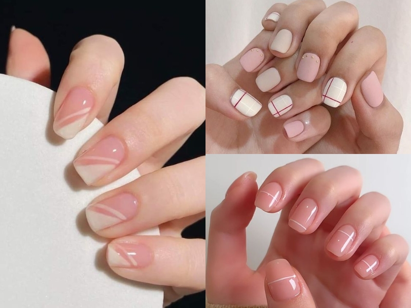 Bộ nail màu nude họa tiết kẻ móng 