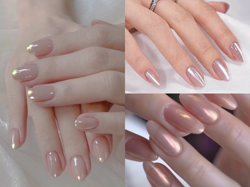 Các mẫu nail màu nude tráng gương 