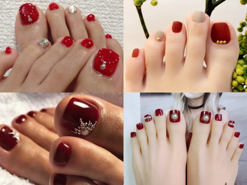 Nail chân màu đỏ mận đính ngọc trai