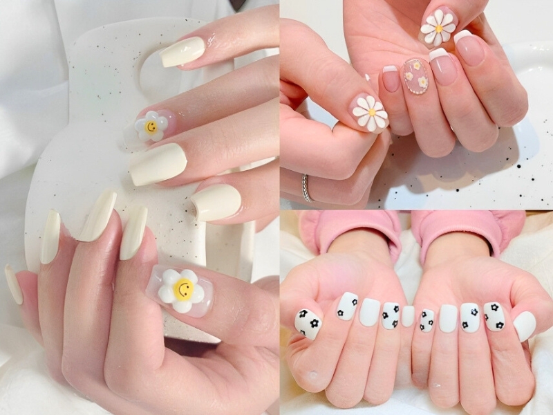 Nail trắng đính vẽ hoa