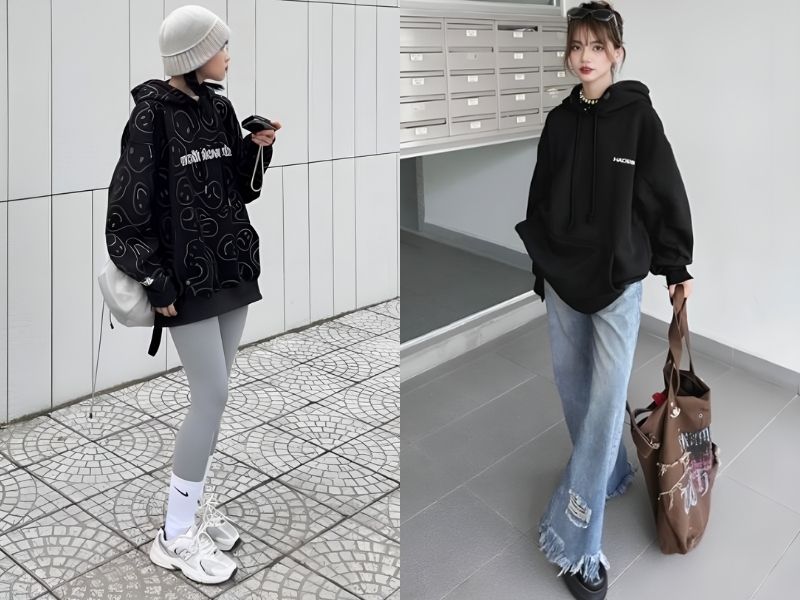 Phối vật dụng với áo hoodie nằm trong quần legging và quần jean