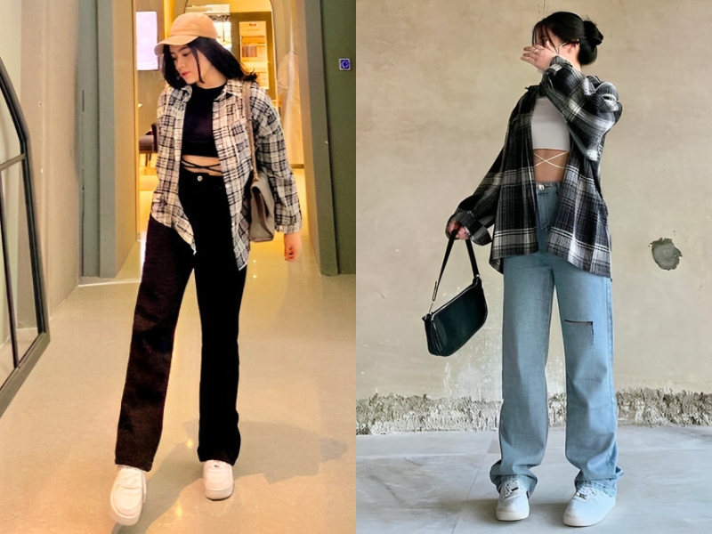 Outfit áo sơ mi kẻ ô - quần jean 