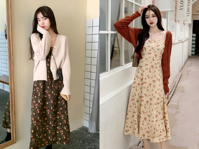 váy hoa phối với cardigan