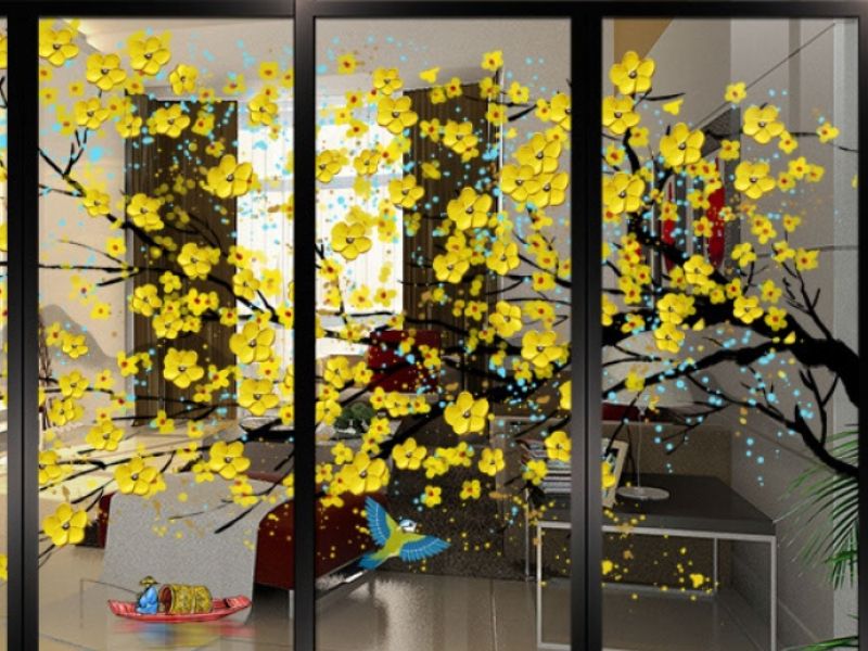 Decor cửa kính Tết bằng hoa mai 