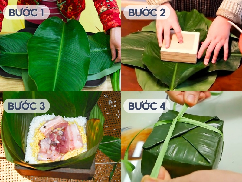 Các bước gói bánh chưng bằng 2 khuôn