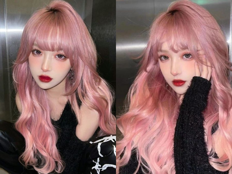 tóc màu hồng pastel uốn xoăn