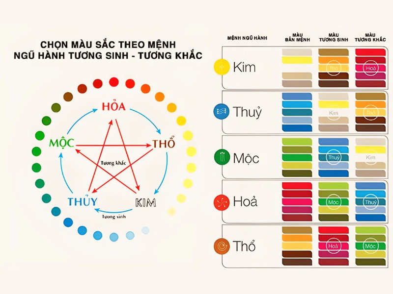 Tổng hợp màu bản mệnh, tương sinh và tương khắc theo ngũ hành