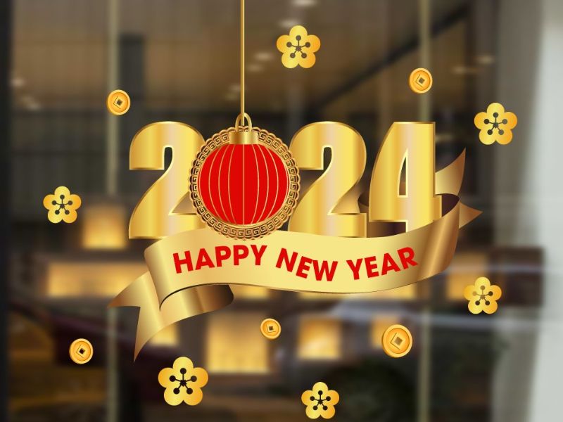 Mẫu trang trí cửa kính chữ “Happy New Year” 